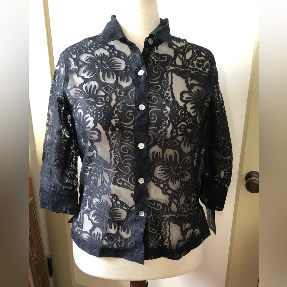 West End Sheer Floral Imprints Button-Up Layering Blouse - Black